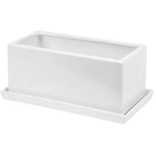 Birsppy BCANT Polnix Keramik Übertopf m. Untersetzer Trog Blumentopf H 11,5 cm rechteckig Weiss glatt Ablauf