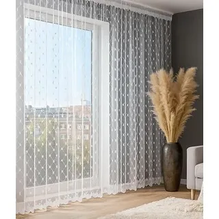 Gardinen Vorhangen Weiß Tüll 300x250 cm (BxH) Polignano Kurze Lange Gardine Mit Weißer Glänzender Stickerei Fertig Zum Aufhängen Mit Raffband Modern Transparent