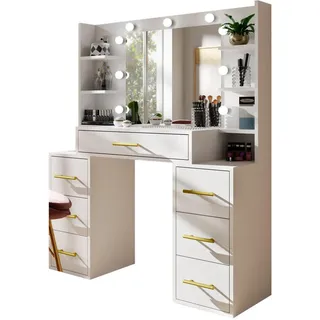 Bettso Schminktisch, Weiß, Holzwerkstoff, Glas, 6 Fächer, 7 Schubladen, 110x140x40 cm, Schlafzimmer, Schminktische