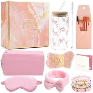 UGBO Geschenke für Mädchen Teenager 9 10 11 12 13 14 15 Jahre Geburtstagsgeschenk für Frauen Trinkgläser mit Deckel Strohhalm Schminkpinsel Kosmetiktasche Armband Socken Haarband 11 tlg