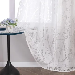 Delien Voile Ausbrenner Gardine mit Äste Muster transparenter Vorhang mit Ösen Wohnzimmer Gardinenschals BxH 140x260cm Weiß 1 St.