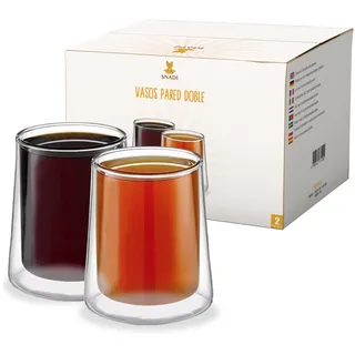 2er Pack Doppelwandige Becher (340 ml), transparentes Borosilikatglas, Glasbecher, Kaffee-Milch-Tee-Latte Macchiato Schnuller, Geschirrspüler, OK. Snadi.
