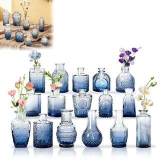 LZQ Mini Glasvasen Set 16 Stück Blau, Kleine Blumenvasen Glas Budvasen Vintage Deko, Glasflaschen Vasen für Blumenarrangements, Tischdeko, Hochzeit, Blumenflasche Dekoration Glas-Budenvasen