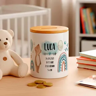 Bär Geburts-Daten Kinder-Spardose für Jungen mit Namen personalisiert zur Einschulung Taufe Geburtstag Geburt Sparschwein Geldgeschenk Kinderspardose