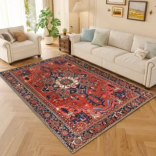 RBQIZVW Kurzflor Teppich Wohnzimmer 80×120 cm Rot Vintage Look - Orientteppich Waschbar, Orientalisch Design, Pflegeleicht und Weich - Ideal für Schlafzimmer, Esszimmer und als Küchenteppich