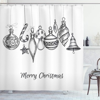 ABAKUHAUS Weihnachten Duschvorhang, Flüchtiges Ornament, Stoffliches Gewebe Badezimmerdekorationsset mit Haken, 175 x 200 cm, Weiß Schwarz