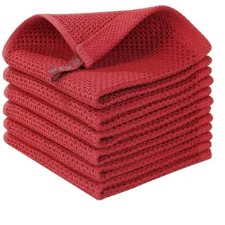 SiSinkal Waffeltuch, Küchentuch-Set, Baumwolle, saugfähig, Reinigungstücher, Geschirrtücher für Bar, Kaffee, Haushalt, Mikrofaser-Geschirrtücher mit verstärkten Kanten, 6 Stück (rot)