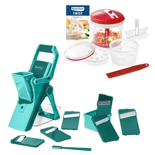 Genius Nicer Dicer Mando inklusive Twist Gemüseschneider 21 tlg., Gemüsehobel manuell stehend mit Auffangbecken 6 Einsätze Zwiebel Kartoffel Pommesschneider Salatschneider, Salatschleuder
