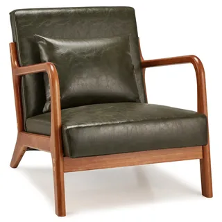 YODOLLA Sessel Akzentstühle Cocktailsessel für Wohnzimmer, loungesessel Lesesessel mit Holzarmlehne Armchair Accent Chairs PU-Leder Grün, 65x75x73 cm