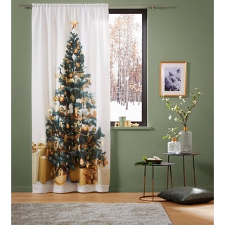 Vorhang Xmas Tree W/LED, my home, Stangendurchzug (1 St), blickdicht, Blickdicht, Tannenbaum, weihnachtlich, HxB: 230x140, 15 LED-Lichter goldfarben|silberfarben|weiß