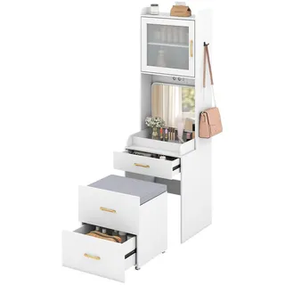 COSTWAY Schminktisch Set, Frisiertisch mit Hocker, Klappspiegel, Schubladen, verstellbarem Regal, Schrank & Steckdosen, Kosmetiktisch 52x51x175cm - Weiß
