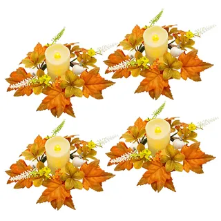 BLSYHDH 4er-Pack Herbst-Kerzenringe, Halloween-Ringe, Herbstliche Blumen-Säulengirlande mit Ahornblatt und Kürbis- oder Beeren-Haltering, Kleiner Künstlicher Kranz für(Maple leaf pumpkin-orange)