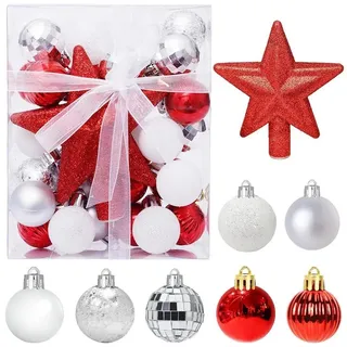 luxuskollektion 30 Mini Weihnachtskugeln 3CM Rot Weiß Aufhänger Deko-Set