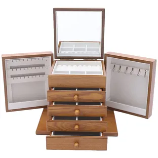 Schmuckkästchen aus Holz, Schmuckkasten mit 5 Ebenen 4 Schubladen, Schmuckbox mit modische geschnitzte Blume und Spiegel für Geschenk für Ihre Liebsten