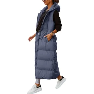 Shanfetl Damen Lange Steppweste Mit Kapuze Maxi-Länge Ärmellos Puffer-Weste Gepolsterter Mantel Winteroberbekleidung, blau, XL - XL