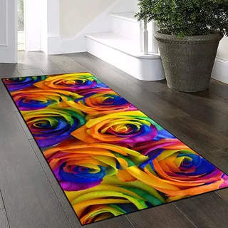 Yinghesheng Korridor Teppich Läufer Flur 60x140cm Läufer Flur rutschfest Washchbar Küchenteppich Bunt 3D Rosen Muster Kücheläufer Teppichläufer für Flur Wohnzimmer Küche Büro Schlafzimmer Esszimmer