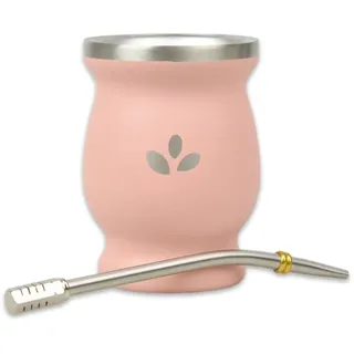 DELICATINO - Mate KIT EDELSTAHL Natural Green - Mate Becher Edelstahl + Trinkhalm Edelstahl (pink)