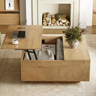 FABATO eckiger Couchtisch im klassischen Landhaus-Design, höhenverstellbar und mit praktischem verstecktem Staufach. Robus thelle Eichenfarbe - Braun