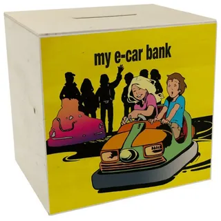 speecheese Spardose my e-car bank Boxauto Spardose aus Holz für ein E-Auto in gelb