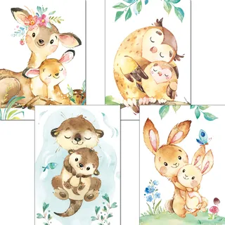 LALELU-Prints Bilder Kinderzimmer Poster Babyzimmer Deko Mädchen Jungen Kinderbilder Set Kinderzimmerbilder Waldtiere Mama 4er Set (A3 ohne Rahmen)