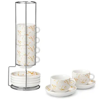 MALACASA Kaffeeservice Porzellan Espressotasse, Metallständer, Weiß/Schwarz/Marmor (6-tlg), 6 Personen, Porzellan weiß 270 ml