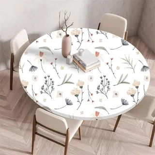 PEIHUODAN Spanntischdecke Rund Gartentischdecke Outdoor Round Tischdecke Mit Gummizug Für Küche Und Picknick, 3D Elastische Tischdecke Rund Abwaschbar, Esszimmer (Weiße Blumen,100cm)