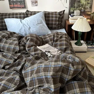 Lanqinglv Bettwäsche 155x220 cm Braun Blau Kariert,Aesthetic Bettwäsche Gitter aus Microfaser,Vintage Geometrisch Bettwäsche Allergiker Bettbezug und 1 Kissenbezug 80x80 cm
