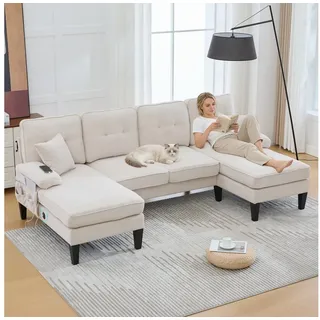 STILVORA Sofa 4-Sitzer U-Form Couch Wohnlandschaft mit Rückenlehne Leinenstoff, mit zwei Chaise-Lounges aus weichem Leinenstoff, moderne Rückenlehne, stabile Füße und gemütliche Sitzkissen beige