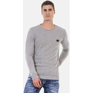 Rundhalspullover CIPO & BAXX "Pullover", Herren, Gr. M, grau (lightgrau), Feinstrick, 65% Polyester, 35% Viskose, unifarben, regular fit, Rundhals, Pullover Rundhalspullover, mit Zopfmuster, CP240