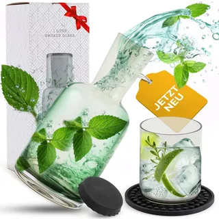 CASA.INARO® edle Glaskaraffe | Wasserkaraffe 1 Liter mit Glas | Wasserkrug | Tropfenfrei | Nachttisch [Karaffen Set mit Untersetzer & Deckel] Als Geschenk zum Geburtstag | Rauchglas grau/grün