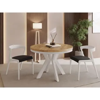Runder Esstisch Ausziehbar 80-130 cm – Verlängerbar, für 4-6 Personen mit Weißen Holzbeinen & Metallring – Tisch für Wohnzimmer & Esszimmer... - Braun