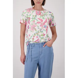 Rundhalsshirt MONARI "Shirt Blumendruck allover", Damen, Gr. 42, bunt (mehrfarbig), Web, Obermaterial: 95% Viskose, 5% Elasthan, geblümt, gemustert, mehrfarbig, regular fit taillenbedeckt, Rundhals, eingesetzt abgesteppte Kante, Shirts Rundhalsshirt, mit Blumendruck