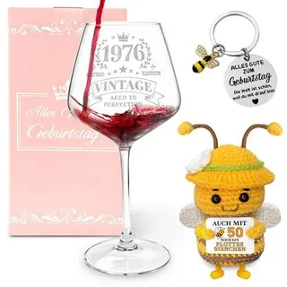 50. Geburtstag Geschenkset für Frauen – Vintage 1976 Personalisiertes Weinglas Geschenk, Handmade Pocket Hug Biene & Schlüsselanhänger – Gesche