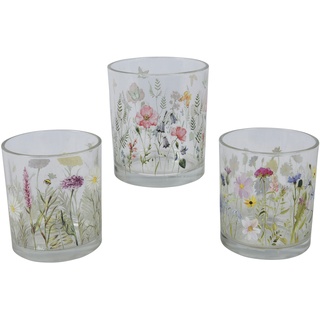 Decoris Teelichthalter Glas mit Blumen 8x9cm bunt 1 Stück sort - Deko Teelichtglas Windlicht Kerzenglas - Home Decor - Glasteelichterhalter Tischdeko Teelicht