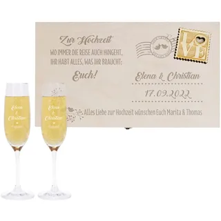 Leonardo 2 Sektgläser zur Hochzeit mit Gravur in Loveletter Holz-Geschenkbox - ideales Hochzeitsgeschenk