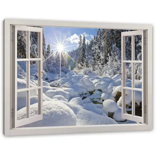 Pixxprint Sonnenstrahlen im Wald, Fenster, Größe: 120x80cm, Leinwandbild, fertig gespannt, Wandbild, Dekoration, Kunstdruck, kein Poster