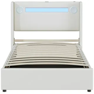 Merax Polsterbett 90x200 Bett mit LED-Lichtleiste, Bluetooth-Player und USB-Aufladung, PU-Leder-Aufbewahrungsbett, Weiß