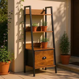 FurnitureR Garten-Beistelltisch Leiterregal 42x29x110 cm, 4 Ebenen, Stoffschublade, 12 mm Holzplatten & 20 mm Metallrahmen, 7,5 cm Rückwand, Outdoor & Balkon Deko-Regal