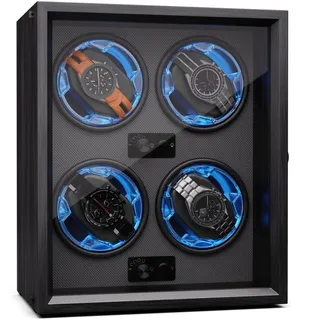 Klarstein Uhrenbeweger für Automatikuhren, Automatik-Uhrenbeweger für 4 Uhren, Automatikuhr mit Acryl-Tür, Automatischer Blaue LEDs, Watch Winder mit 4 TPD Einstellungen