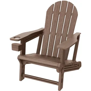 ML-Design Adirondack Loungestuhl mit Getränkehalter, Braun, Gartenstuhl aus Kunststoff, Holzoptik, Gartensessel mit Stecksystem, Adirondack Chair wetterfest, Outdoor Loungesessel für Garten & Terrasse