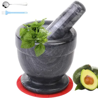 Mörser und Stößel, Marmor-Set für Gewürze, Pestos, Pasten, Guacamolle, Schüssel, Kräutermühle, leicht zu reinigen, inklusive: Silikonmatte, Bürste, Edelstahl-Löffel, 11 cm (klein, schwarz grau)