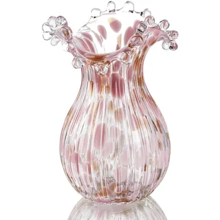 Mundgeblasene Glasvase, Moderne Kunst, Blumenvase mit rosa Blütenblatt, dekorativ für Heimdekoration, 22 cm hoch für Wohnzimmer, Esszimmer, Tischdekoration, Statement, Bürodekoration