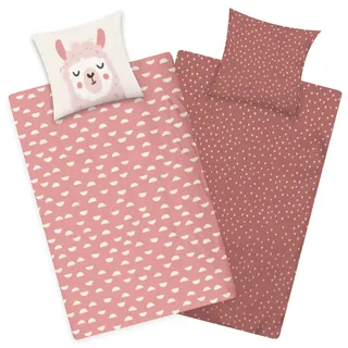 Aminata kids Bettwäsche 135x200 Lama Alpaka 100% Baumwolle rosa | Wende-Bettwäsche-Set für Jugendliche Teenager mit Reißverschluss Geschenk-Idee Lama Fans