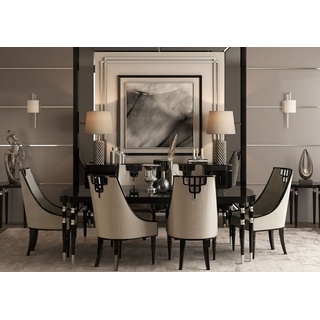 Casa Padrino Luxus Art Deco Esszimmer Set Grau / Schwarz / Silber - 1 Art Deco Esstisch & 6 Art Deco Esszimmer Stühle - Art Deco Esszimmer Möbel - Luxus Qualität