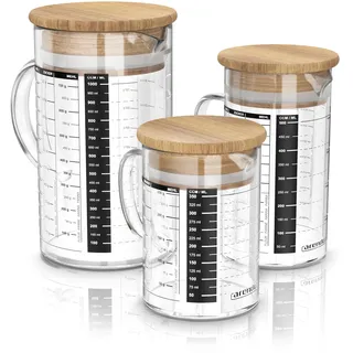 Arendo - Messbecher Set aus Glas - Größen 350ml, 500ml, 1000ml (0,35l 0,5l 1l) – Messkrug Glas Krug – Borosilikatglas – präzise Skala – hitzebeständig – Glasbehälter mit Bambusdeckel - Silikondichtung
