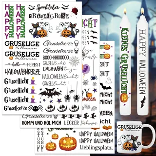 Kerzentattoo Halloween,3 Stück DIN A4 Halloween Party Kerzen Tattoos, Gespenst Kerzensticker,Kerzen Wasserschiebefolie,Halloween Kerzen Dekorieren Geschenk,Kerzensticker für Stabkerzen (Halloween-II)