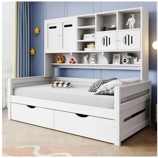 Odikalo Schlafsofa Schlafcouch Bettgestell mit Bettkästen oder Schubladen, 90x200, Holzsofa-Bett 90 x 200 cm, multifunktionaler Stauraum, große Schublade, Einzelbett, Jugendbett, Lattenrost, grau (Ohne Matratze), für Kinder, mit Ablageböden und Bettkasten oder Schubladen weiß
