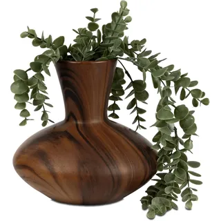 Keramik Blumenvase in Holzoptik, Dekorative Braune Vase für Wohnzimmer, 20x19 cm, Moderne Tischvase mit Bauchiger Form