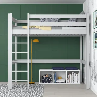 N05 Hochbett 100x200 cm Grau aus Massiveholz - Lattenroste - Made in EU | Hochbett Holz mit Leiter, 2 Leitermontageseiten:Links oder rechts, sichere abgerundete Kanten, Stabile Massivholzkonstruktion