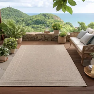 HomebyHome Outdoor Teppich Beige 240x340 cm, Wetterfest & UV-beständig, ideal für Küche, Balkon, Terrasse, Garten auch Wohnzimmer und Esszimmer, Einfarbiges Design mit Bordüre